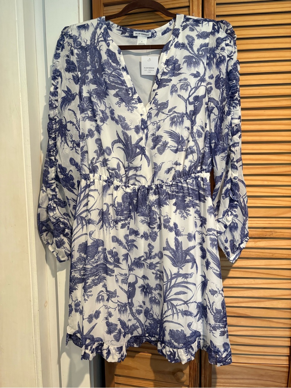 Club Monaco 100% Silk Ladalia Blue White Toile Print Dress Luxury Resortwear 6